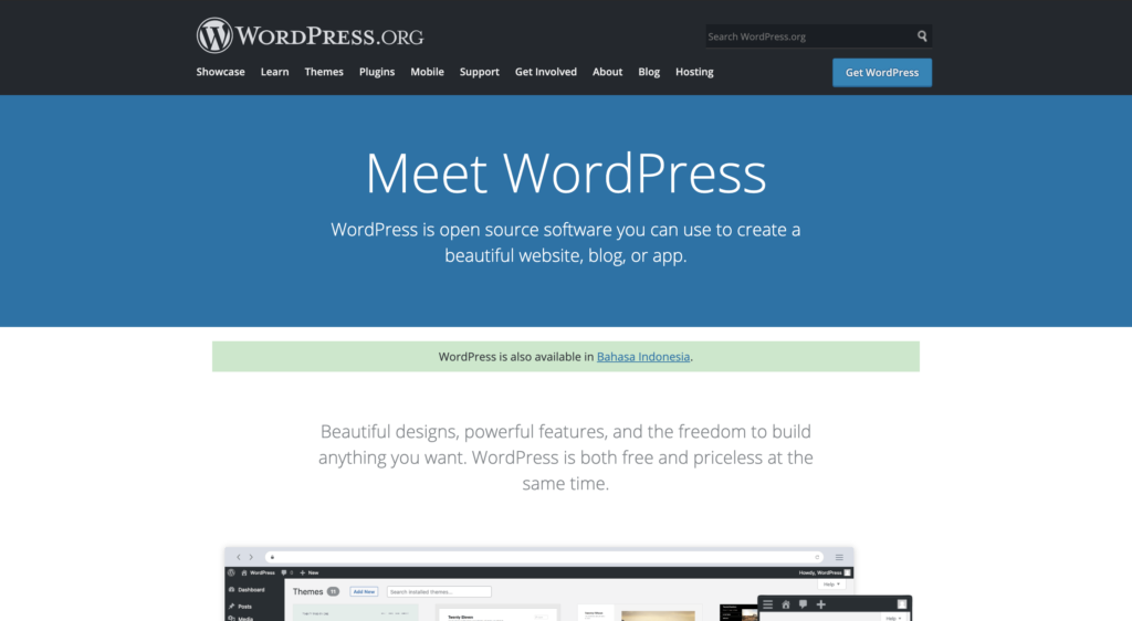 Screen shot of WordPress homepage